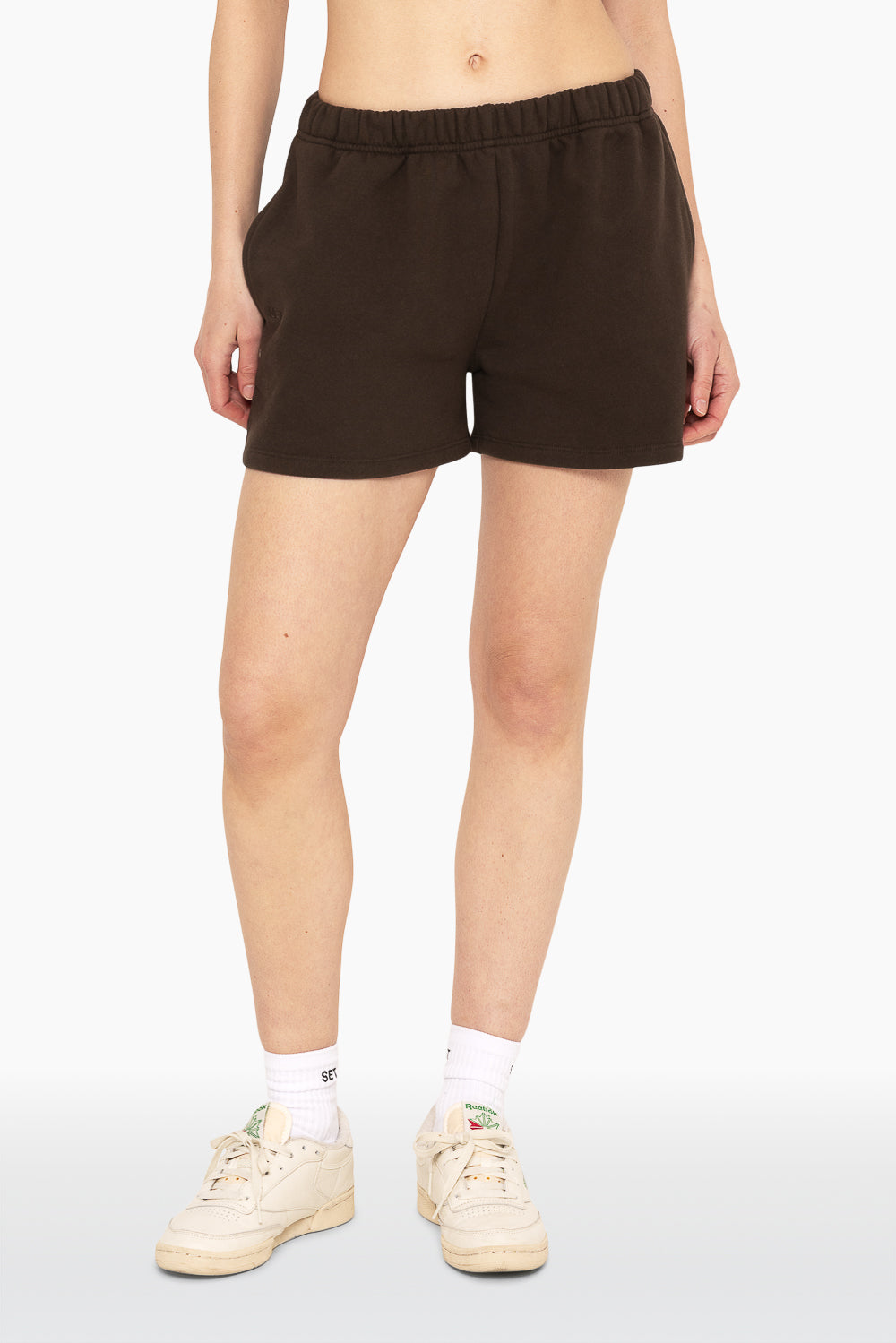 SET, EMBROIDERED HEAVYWEIGHT SWEATS SWEAT SHORTS IN ESPRESSO