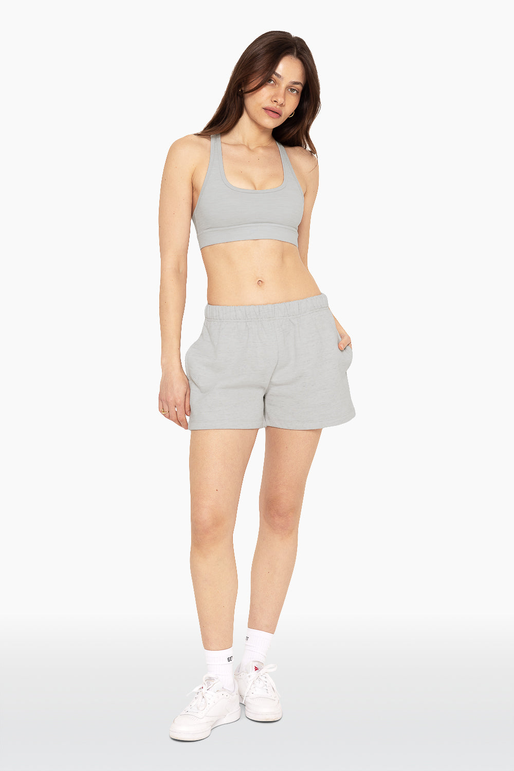 SET, EMBROIDERED HEAVYWEIGHT SWEATS SWEAT SHORTS IN HEATHER GREY