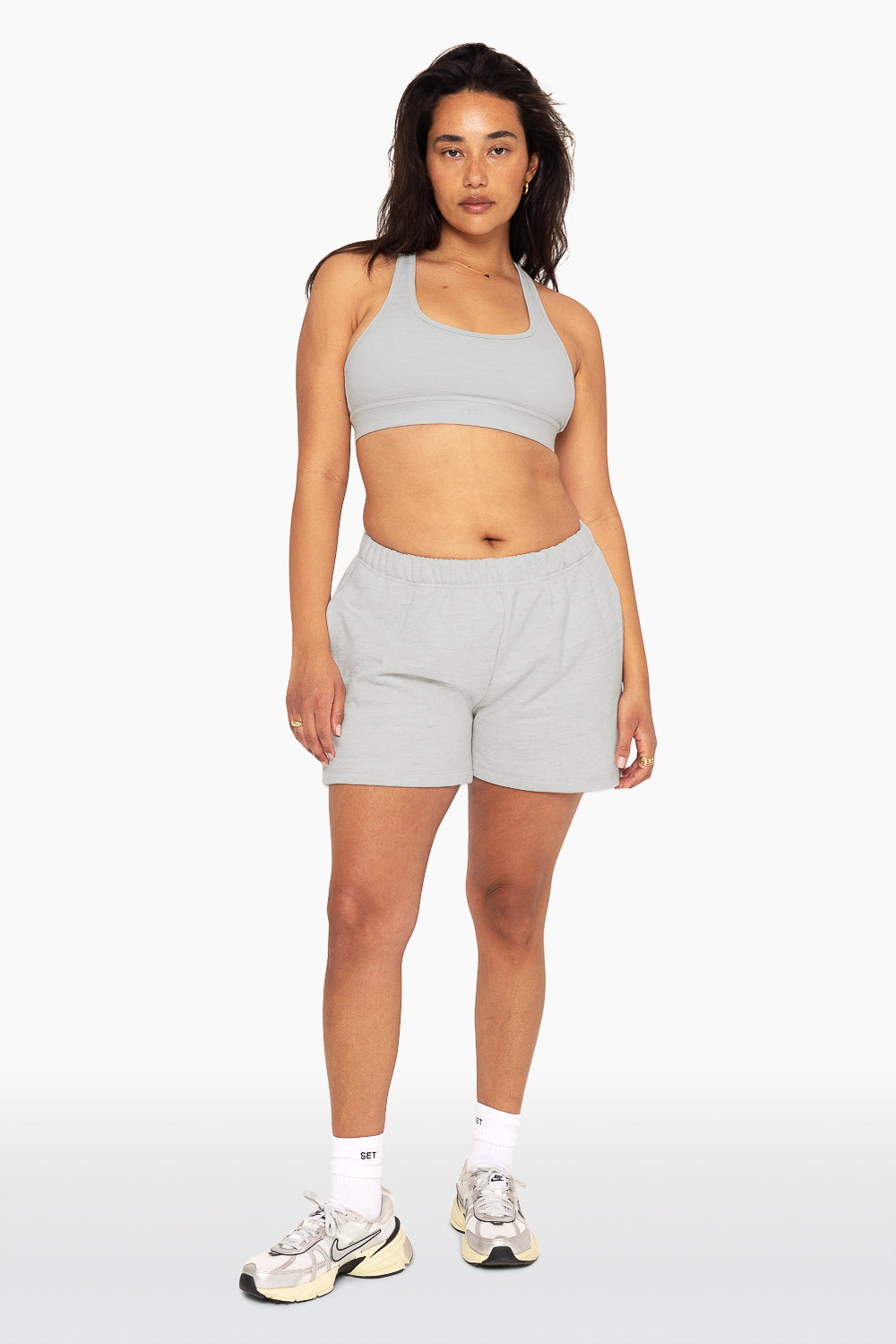 SET, EMBROIDERED HEAVYWEIGHT SWEATS SWEAT SHORTS IN HEATHER GREY