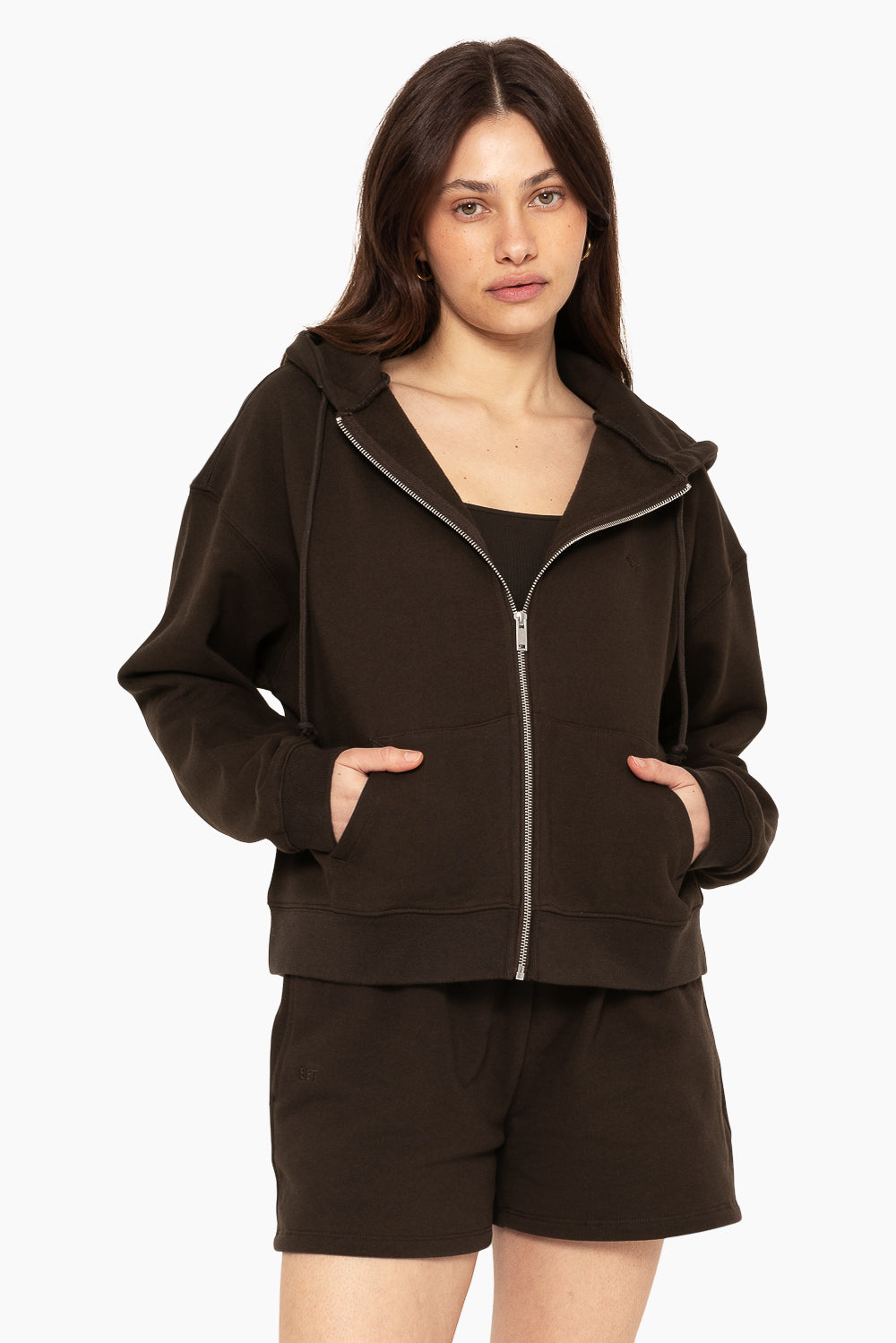 SET, EMBROIDERED HEAVYWEIGHT SWEATS ZIP HOODIE IN ESPRESSO