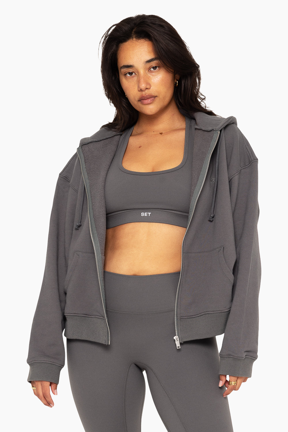 SET, EMBROIDERED HEAVYWEIGHT SWEATS ZIP HOODIE IN GRAPHITE