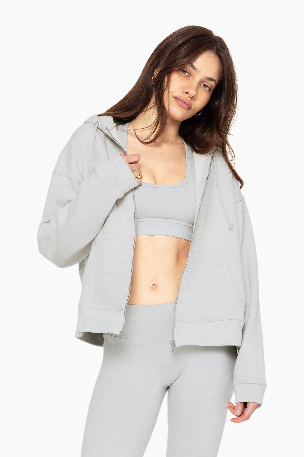 SET, EMBROIDERED HEAVYWEIGHT SWEATS ZIP HOODIE IN HEATHER GREY