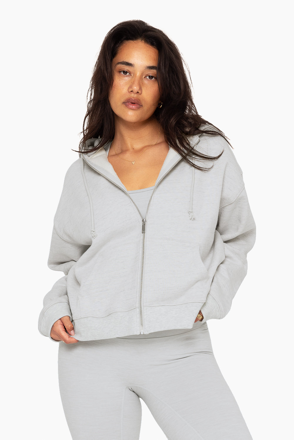 SET, EMBROIDERED HEAVYWEIGHT SWEATS ZIP HOODIE IN HEATHER GREY