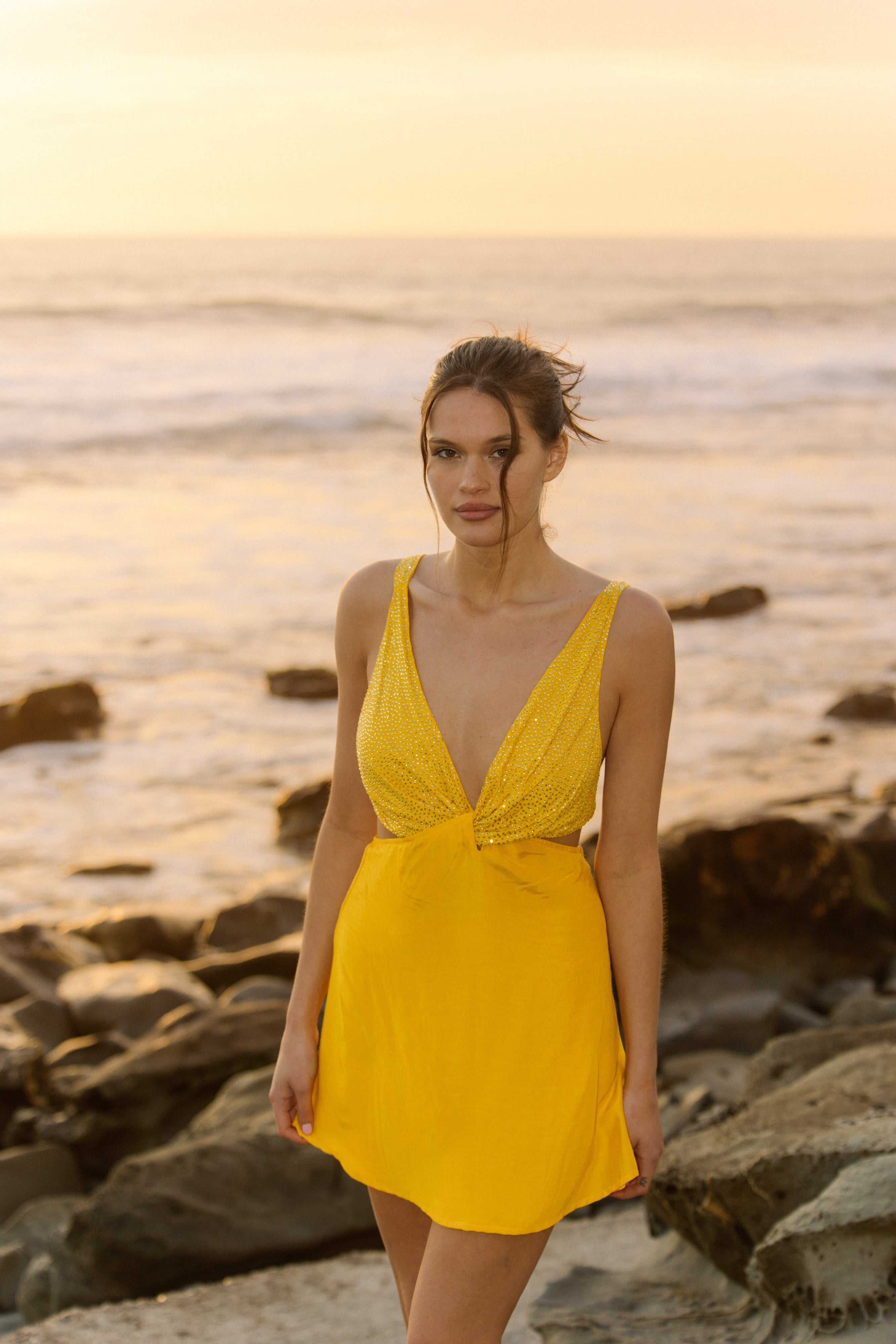 SHANA SHORT DRESS YELLOW RHINESTONES