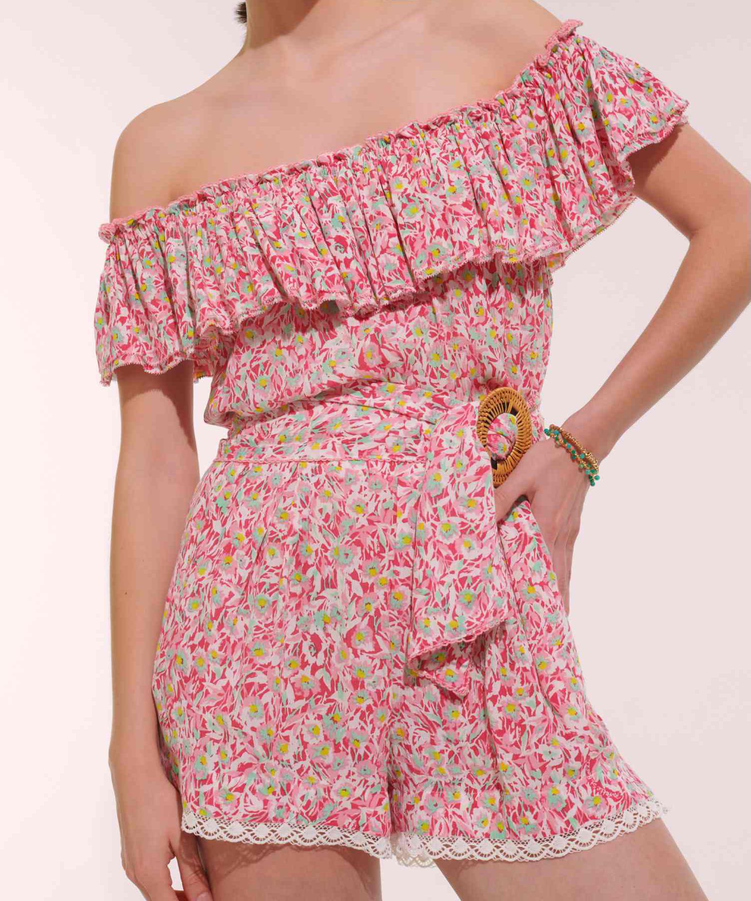 Short Jumpsuit Bella - Pink Ocean Flowers