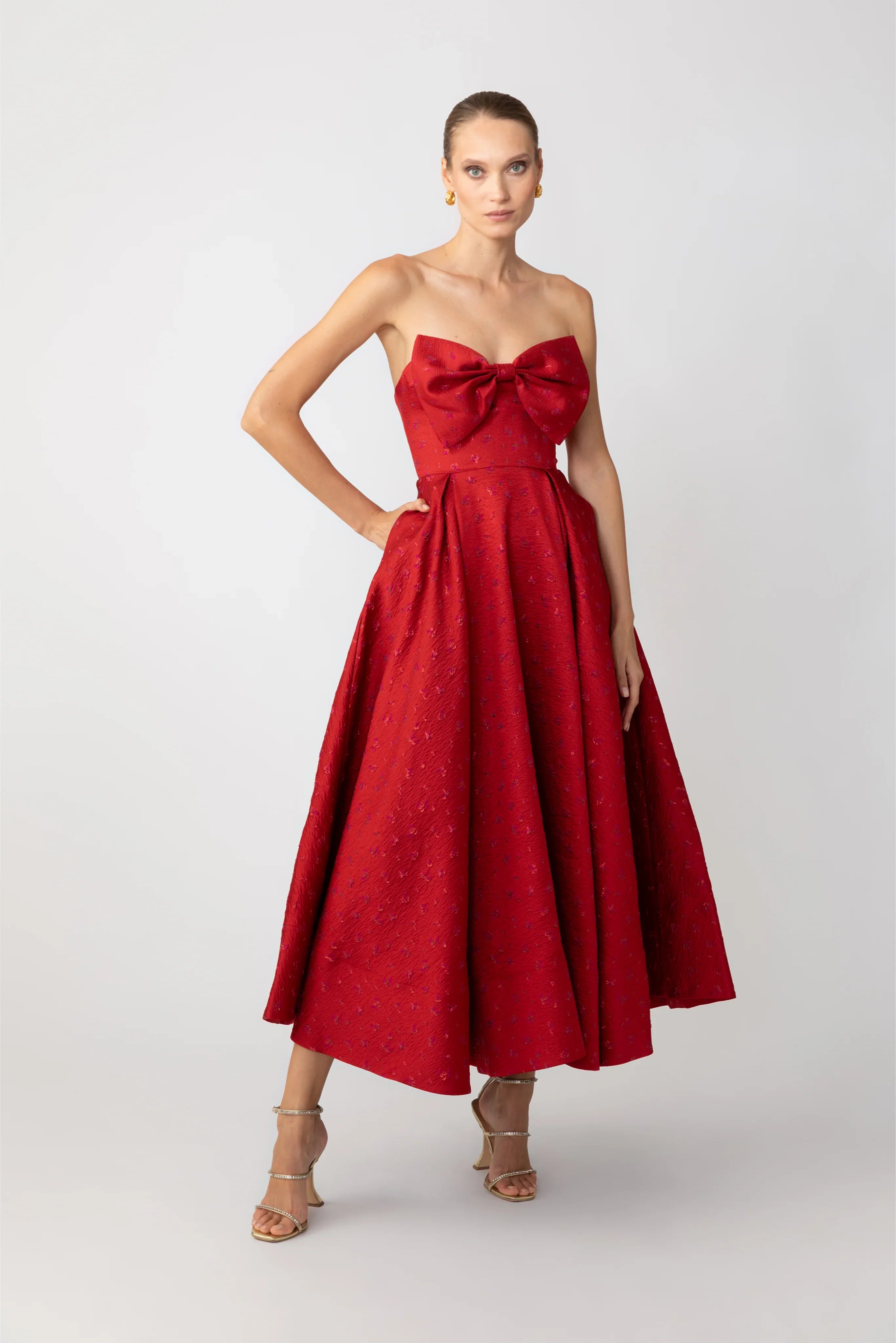 Juliette Jacquard Strapless Dress - Red