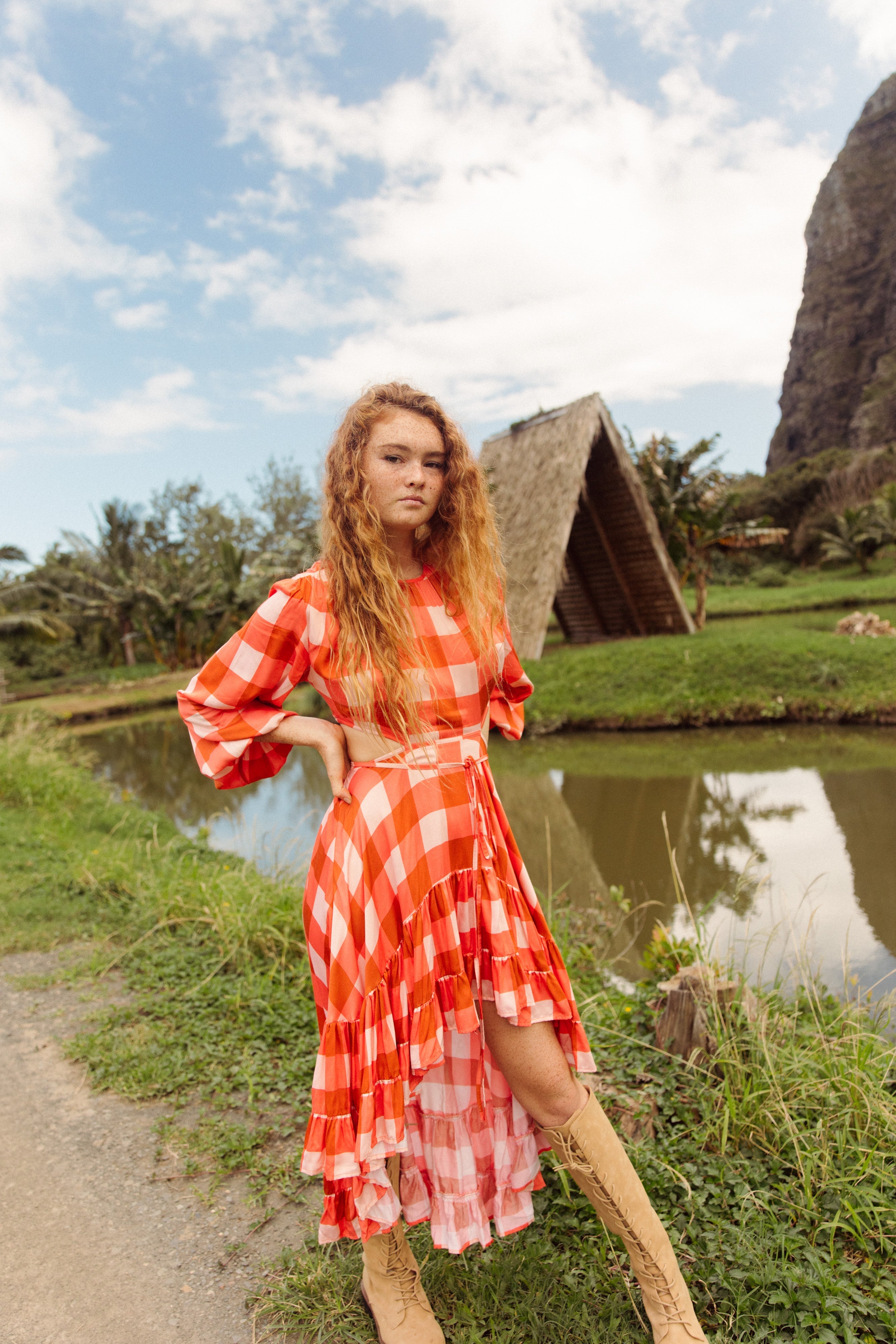 STELLA DRESS GINGHAM MIX CORAL