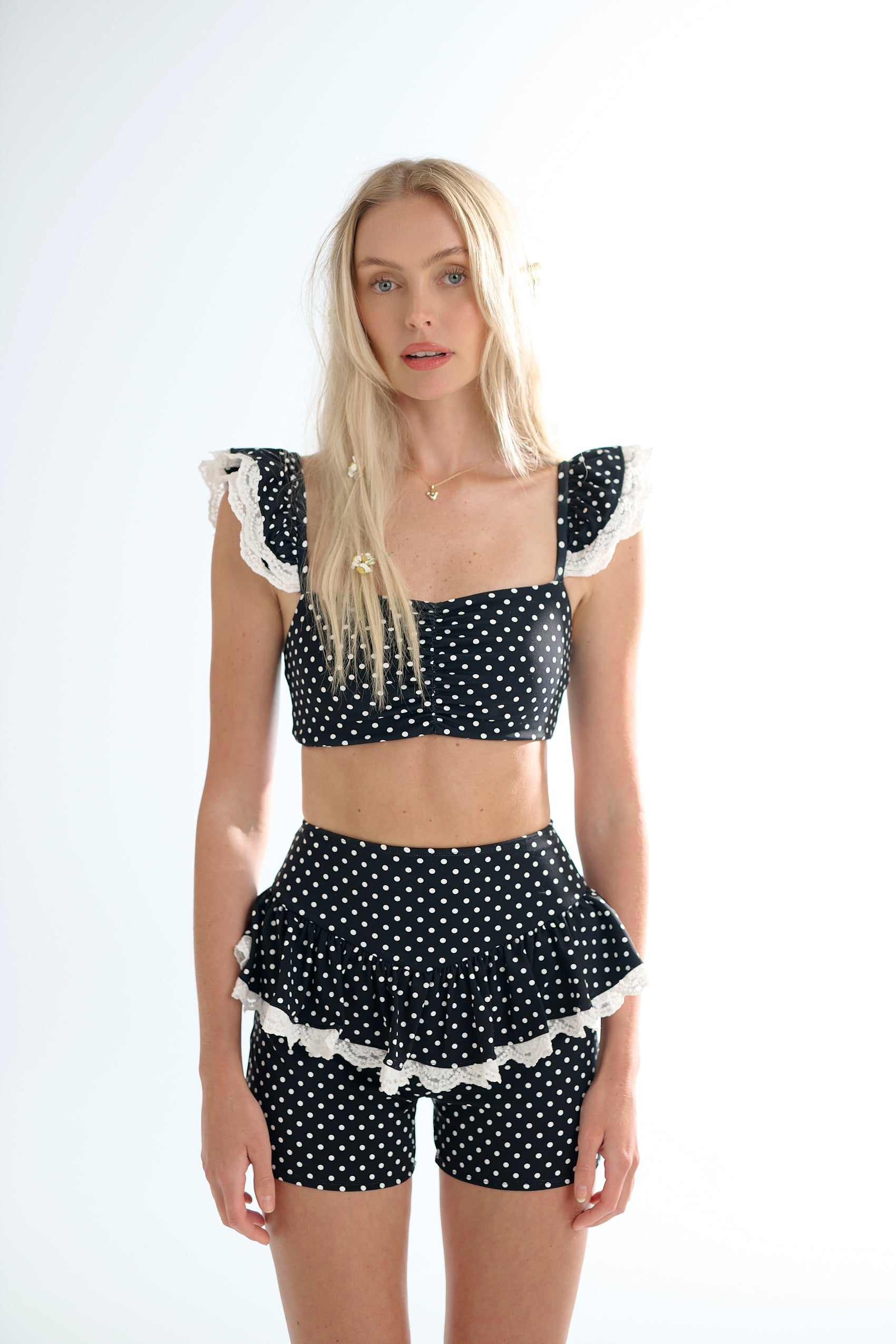 The Black Polka Dot Ruffle Bikini Top