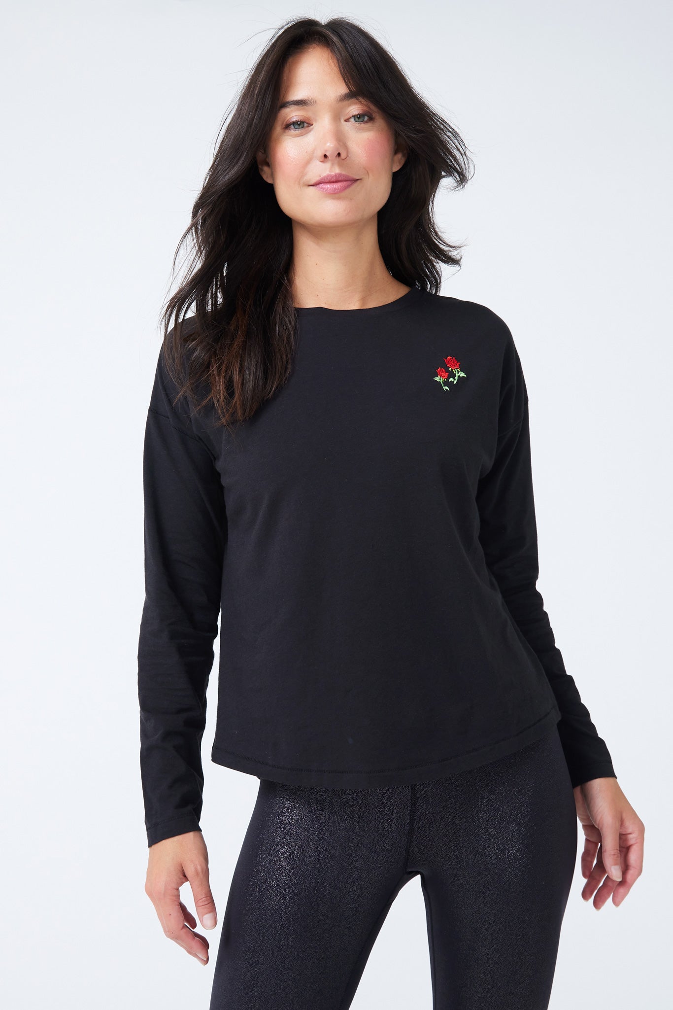Bliss Long Sleeve Tee in Embroidered Rose Black