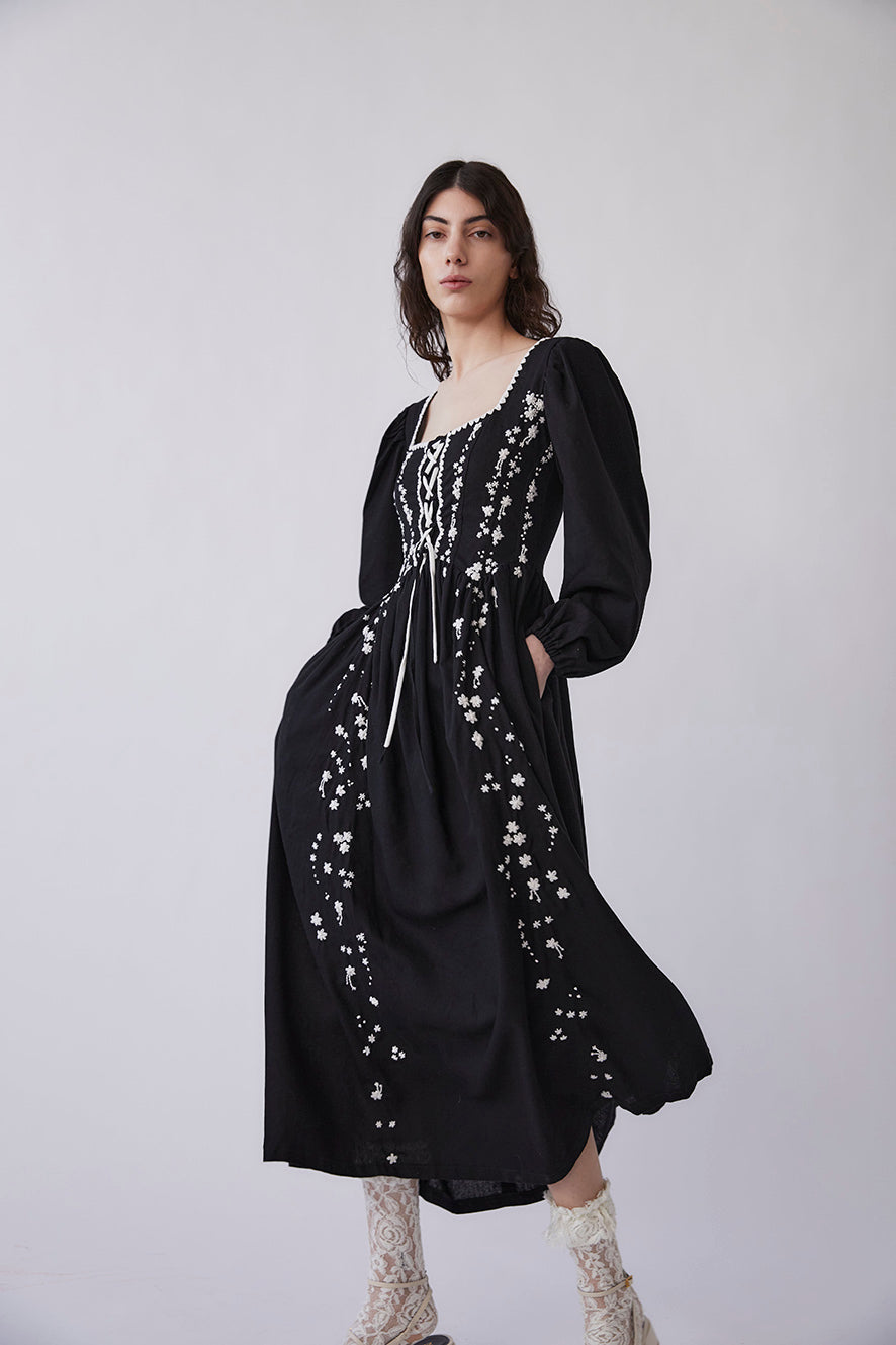 Odila  Hand-embroidered Corset Dress | Black