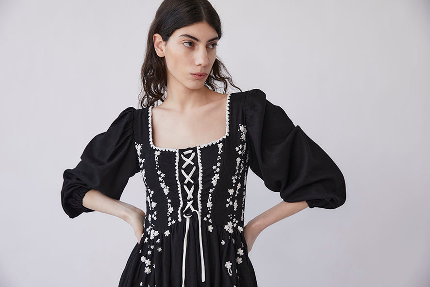 Odila  Hand-embroidered Corset Dress | Black