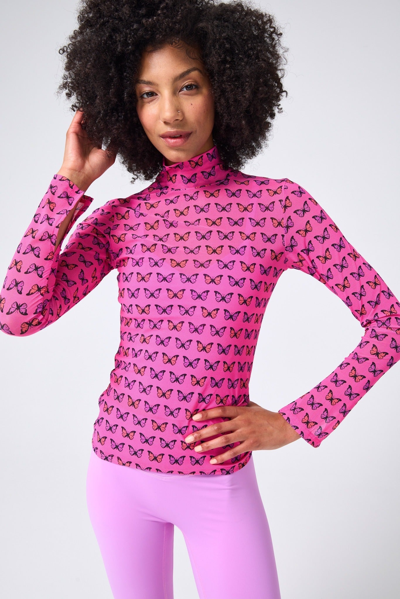 Mesh Mock Neck in Hot Pink Halftone Butterfly