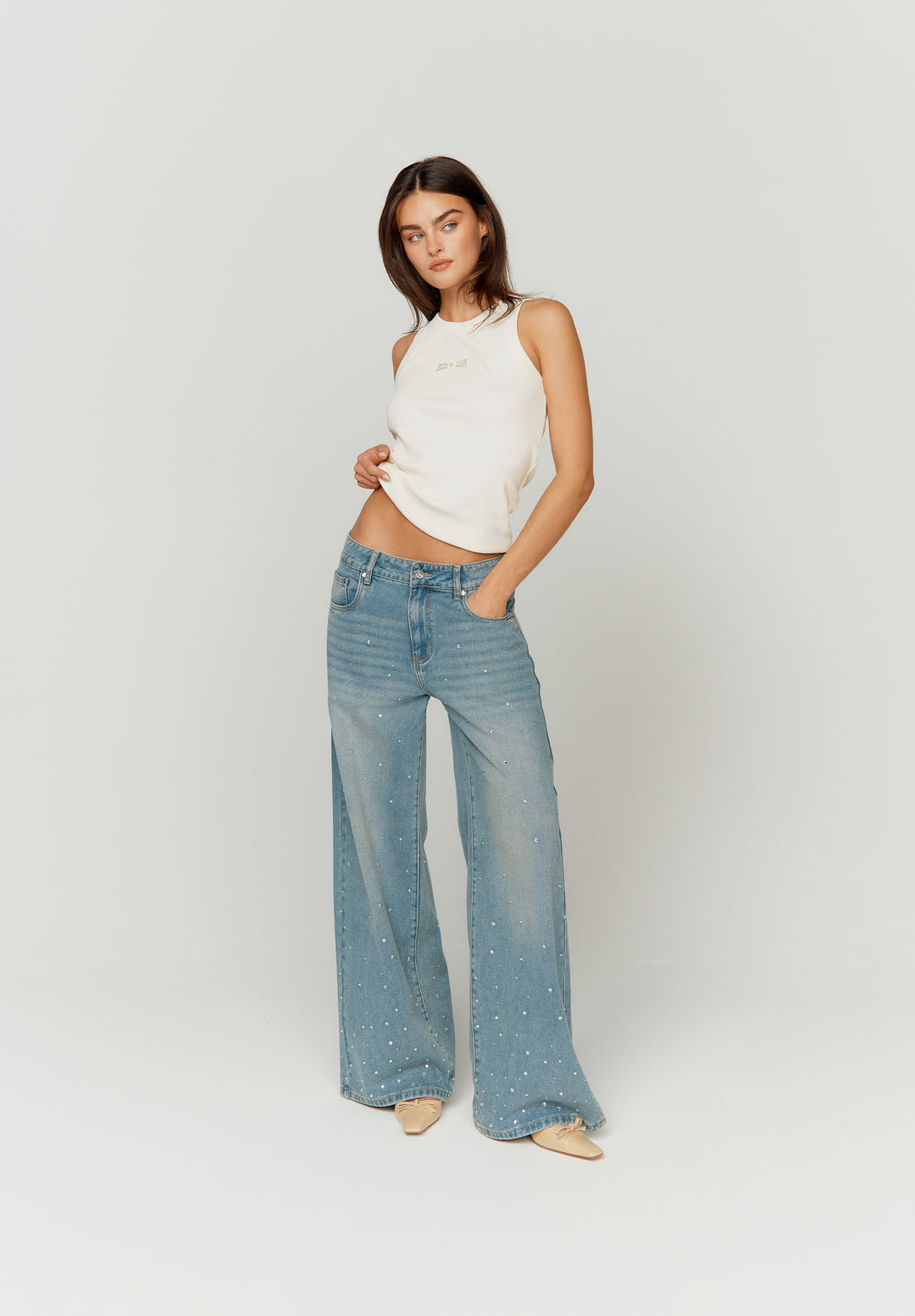 Crystallised Wide Leg Denim | Sky Blue
