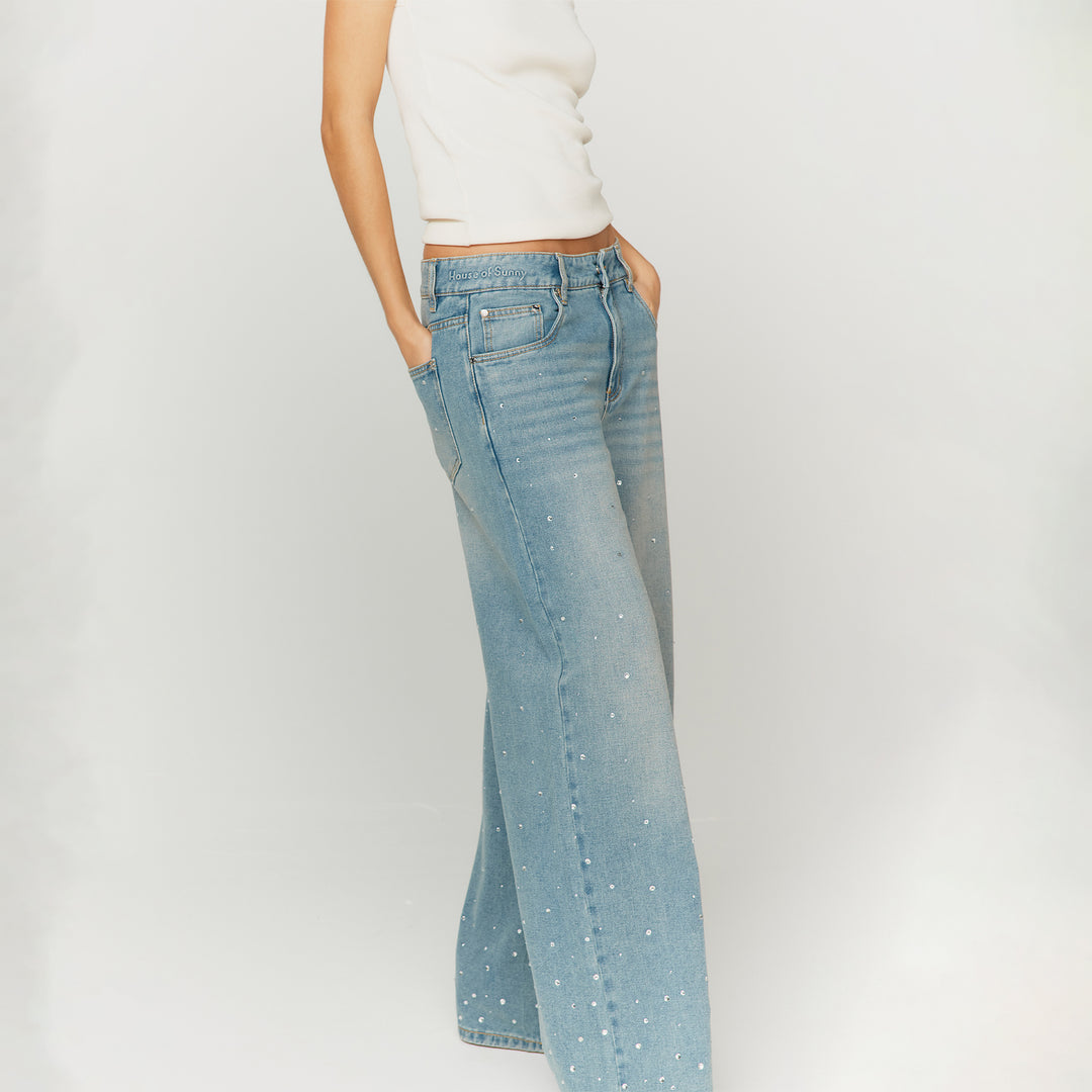 Crystallised Wide Leg Denim | Sky Blue