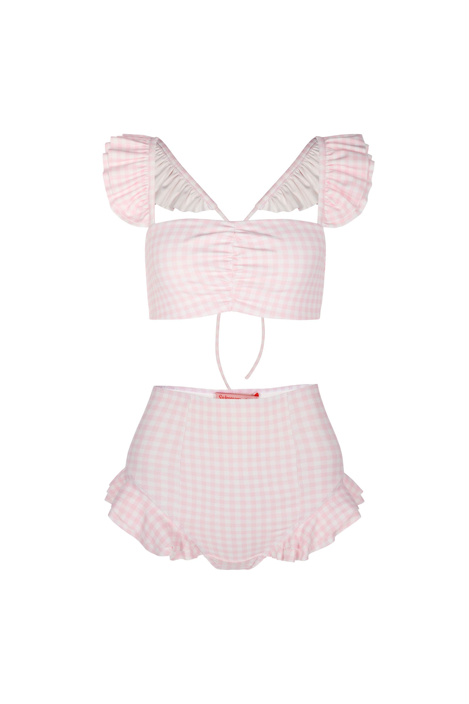The Pink Gingham Ruffle Bikini Top