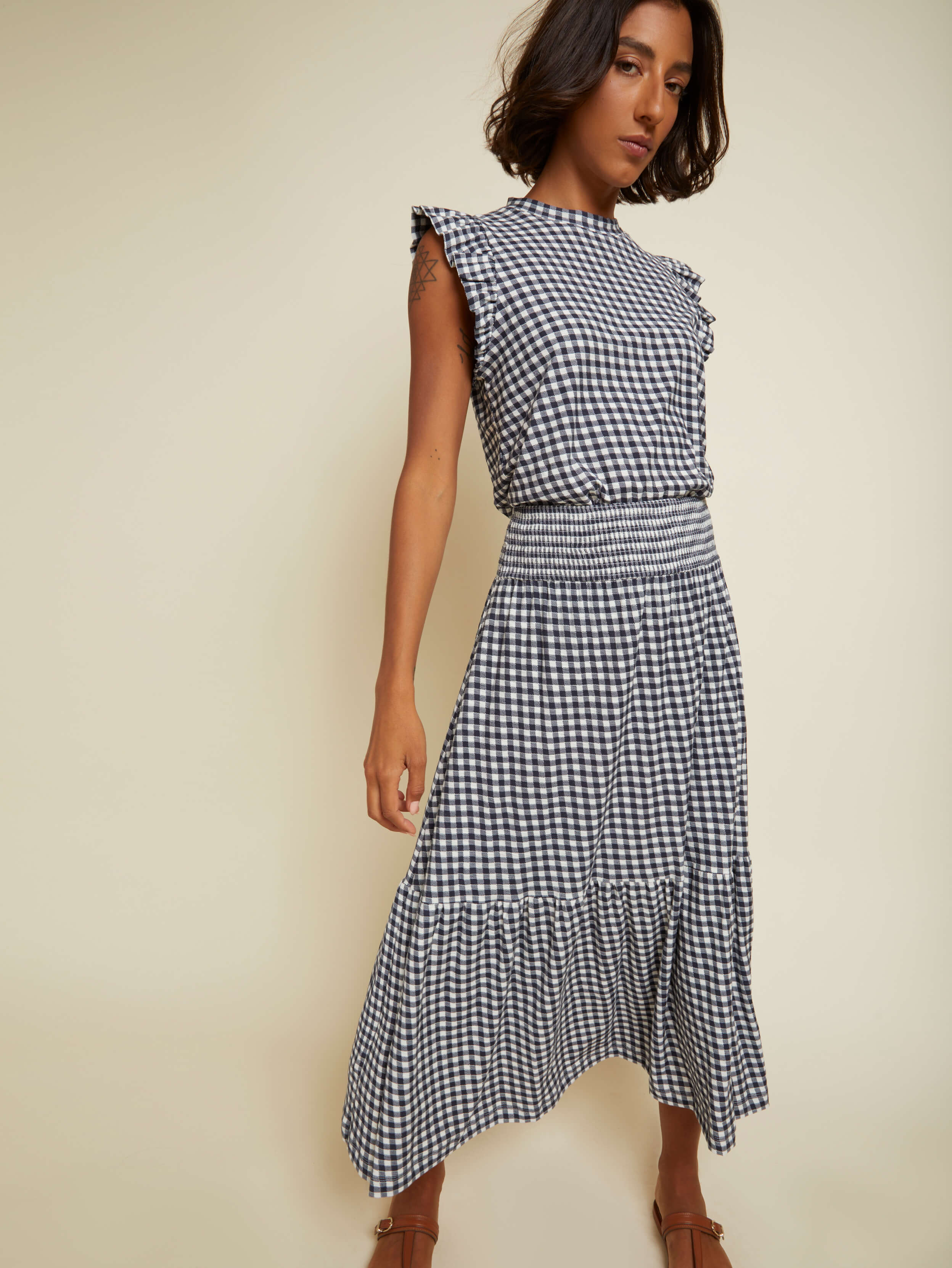 NATION LTD Yasmine Checkered Ruched Midi Skirt