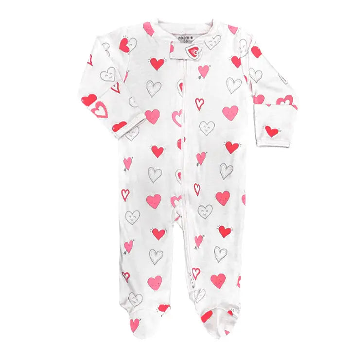 Zipper Footie White Hearts