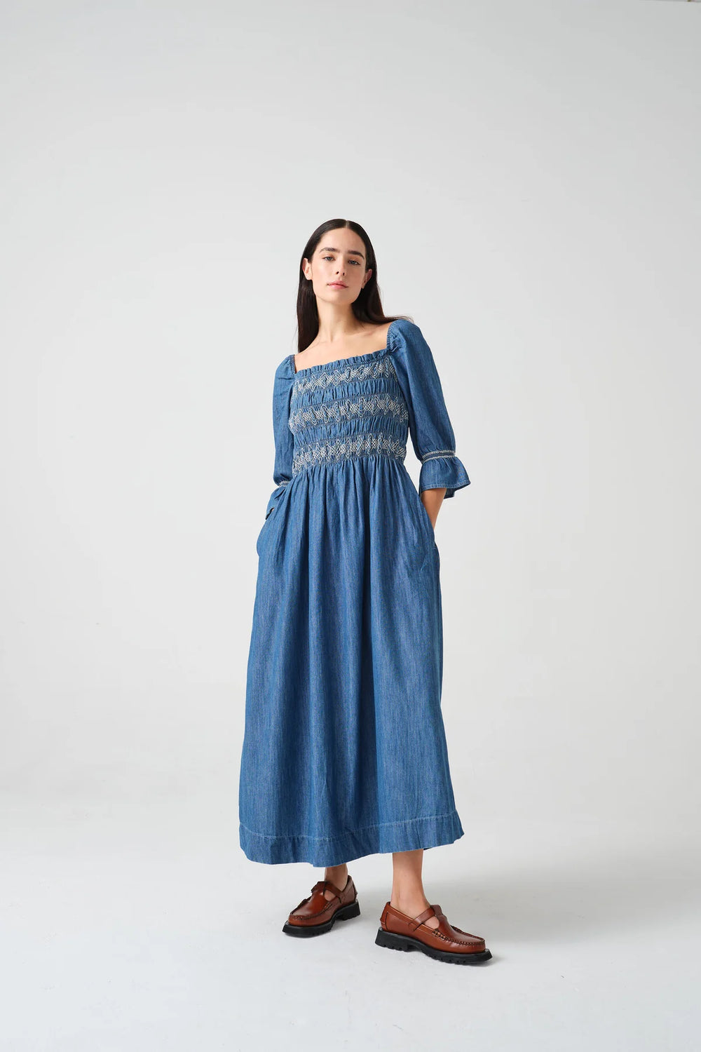 Sally Dress 3/4 Sleeve in Washed Indigo