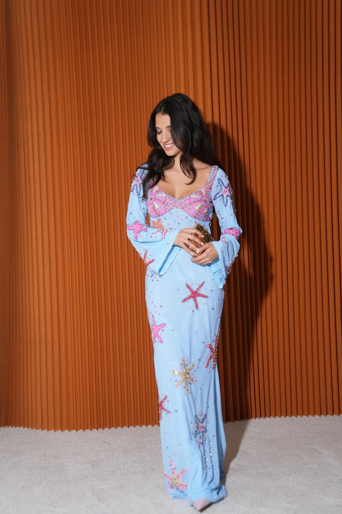 Cresscent Shell Bell Sleeve Dress Blue
