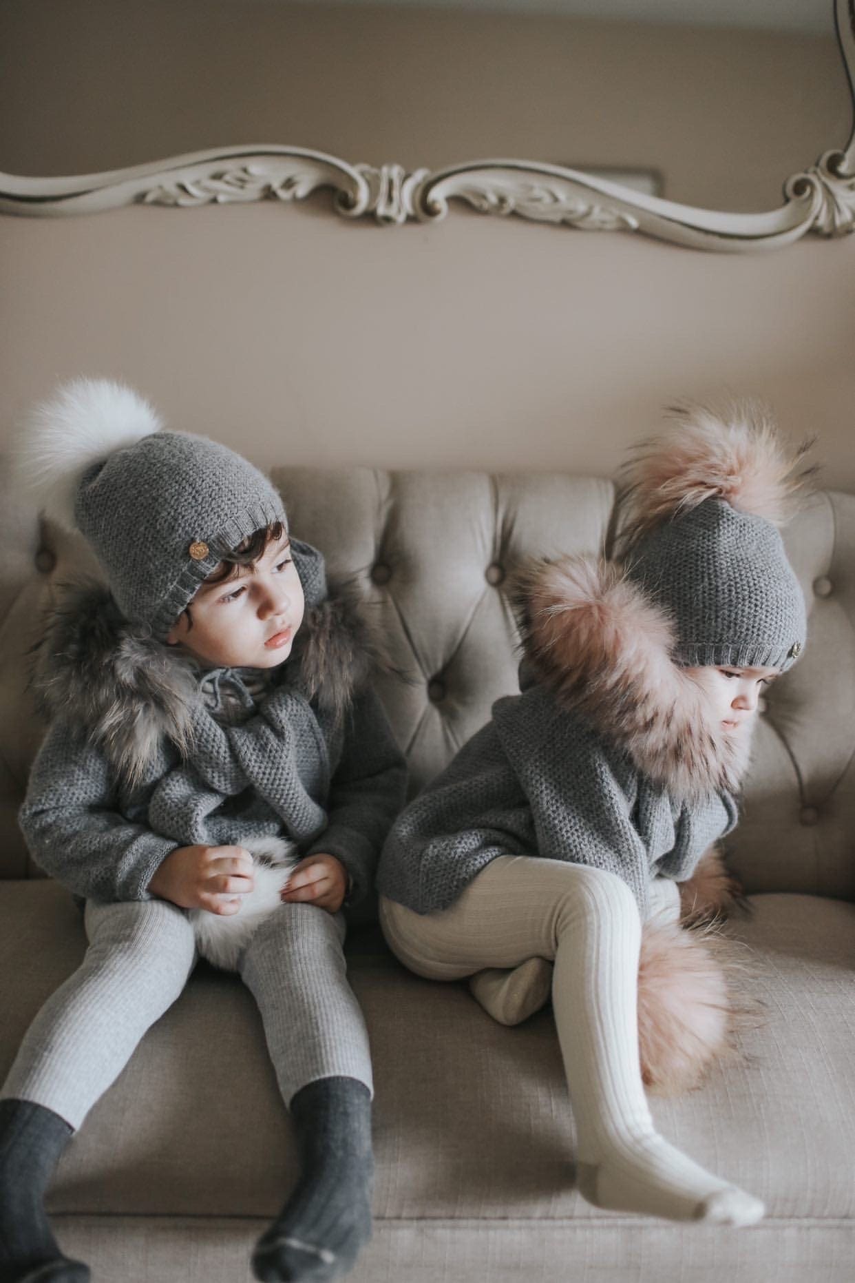 Honeycomb Grey Cashmere Beanie Hats - Pink Pom - Petite Maison Kids