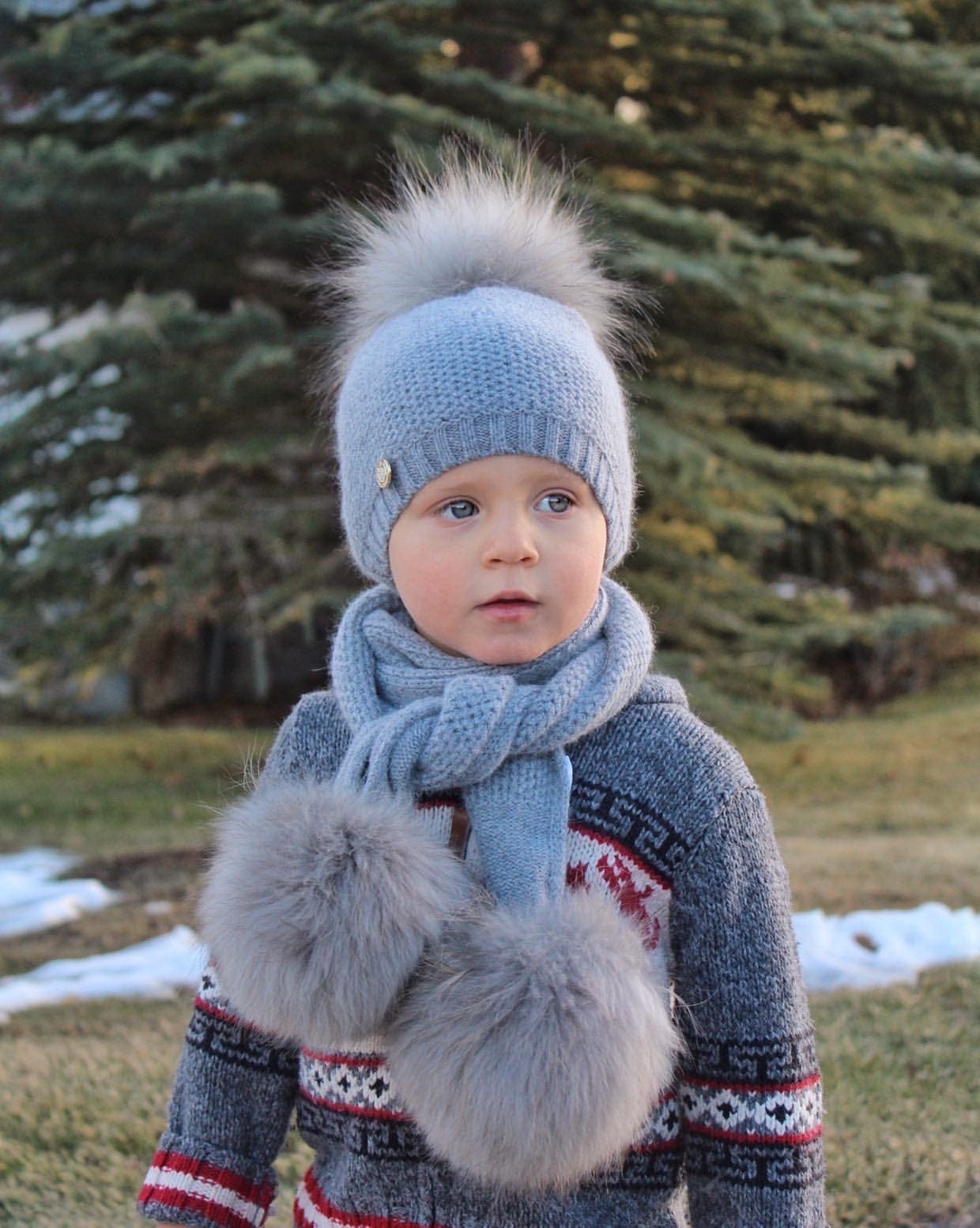 Honeycomb Grey Cashmere Beanie Hats - Grey Pom - Petite Maison Kids