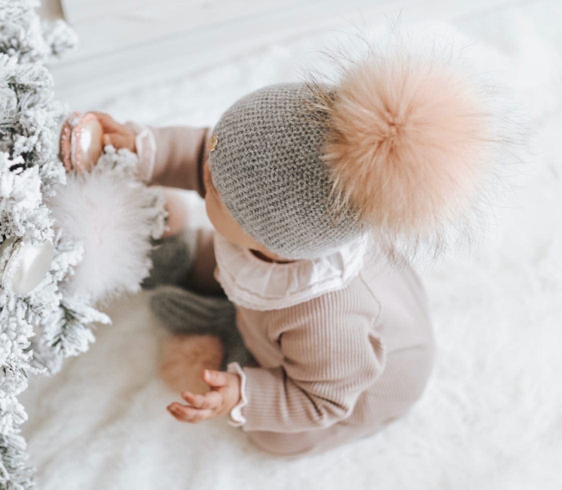Honeycomb Grey Cashmere Beanie Hats - Pink Pom - Petite Maison Kids