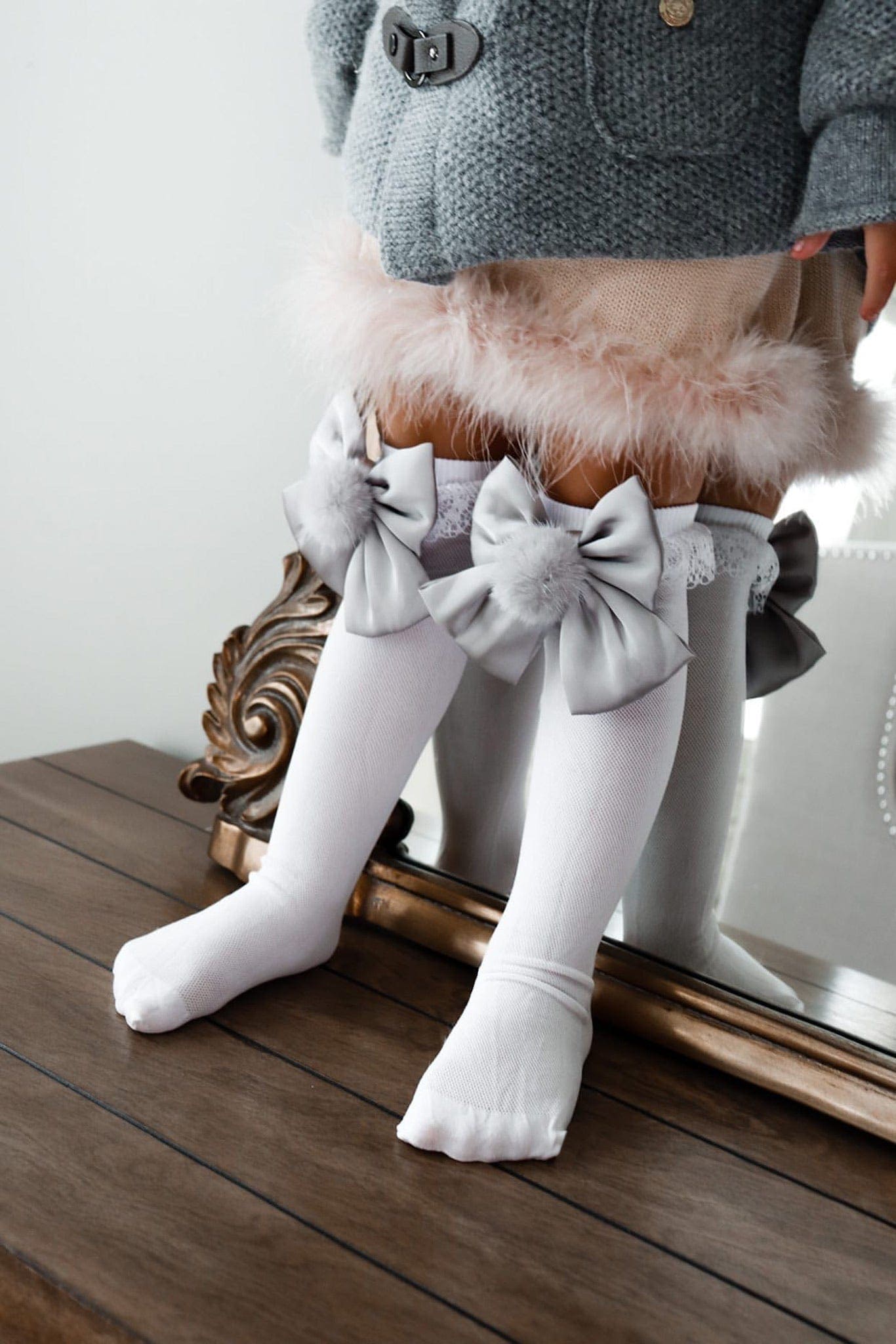 Lana Ruffle Socks with Poms and Bows - Silver Bow - Petite Maison Kids