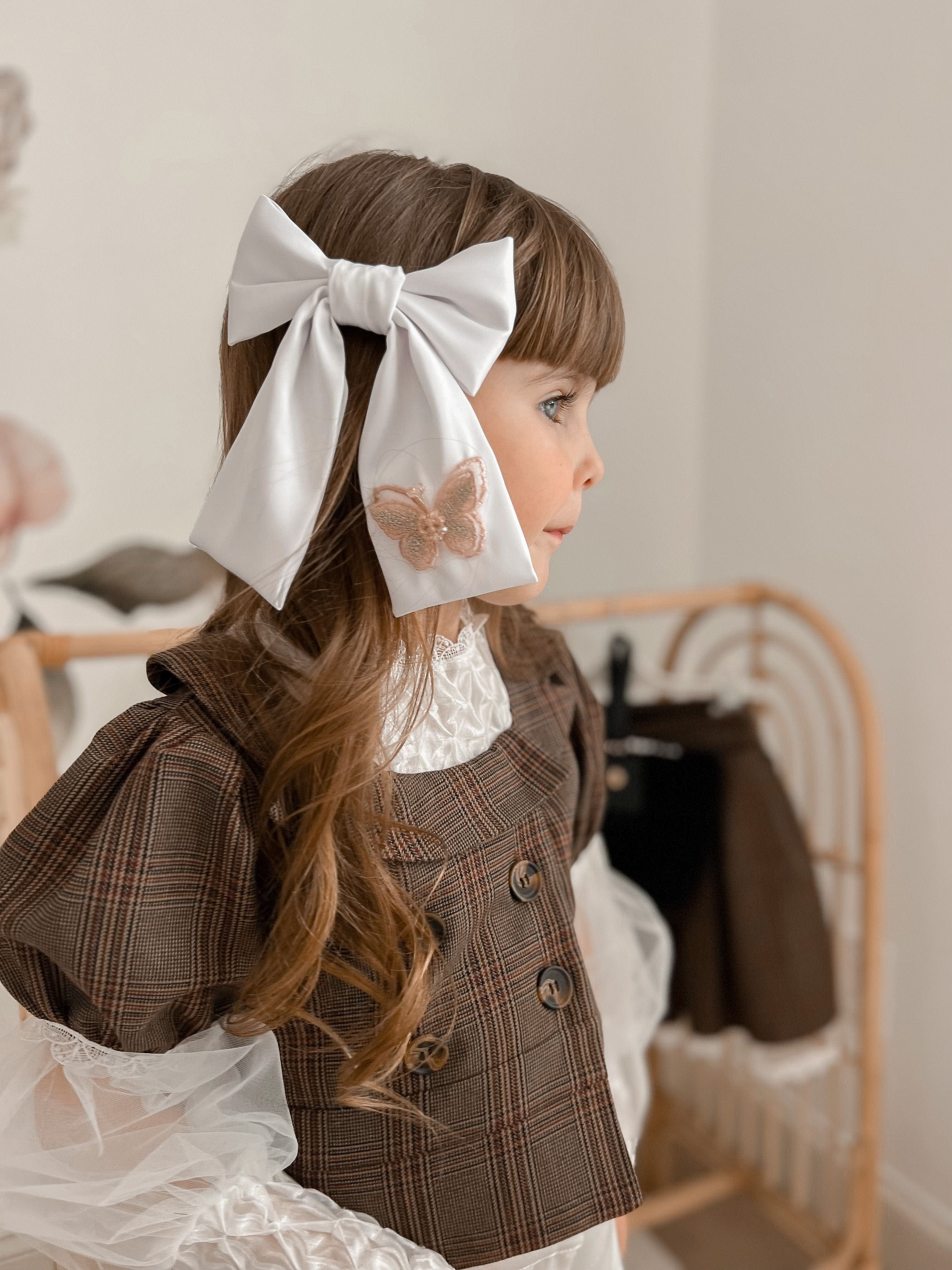 Handmade anise satin embroidered hair bows with delicate butterfly appliqué, offering a timeless and elegant accent for little ones.