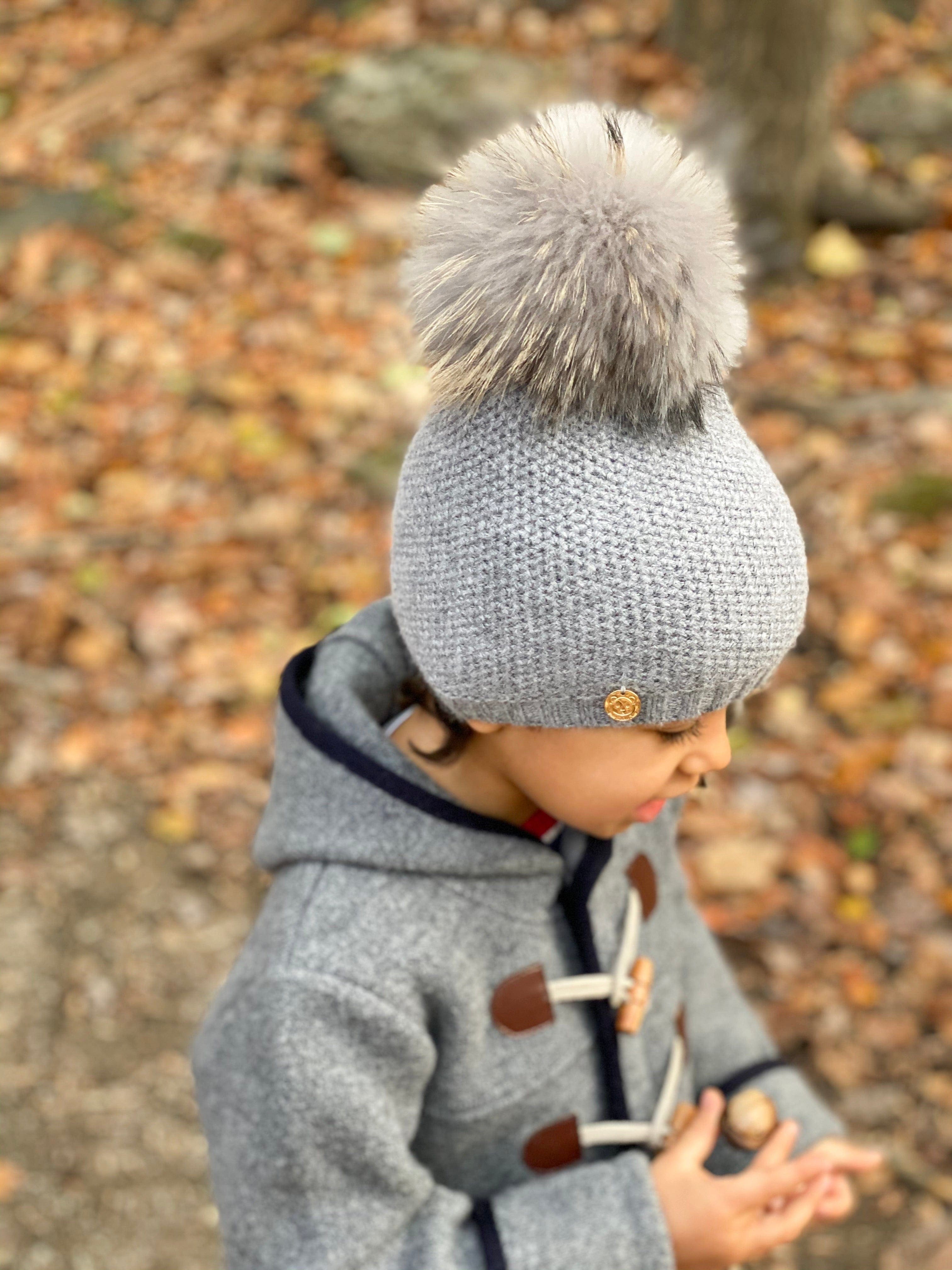 Honeycomb Grey Cashmere Beanie Hats - Grey Pom - Petite Maison Kids