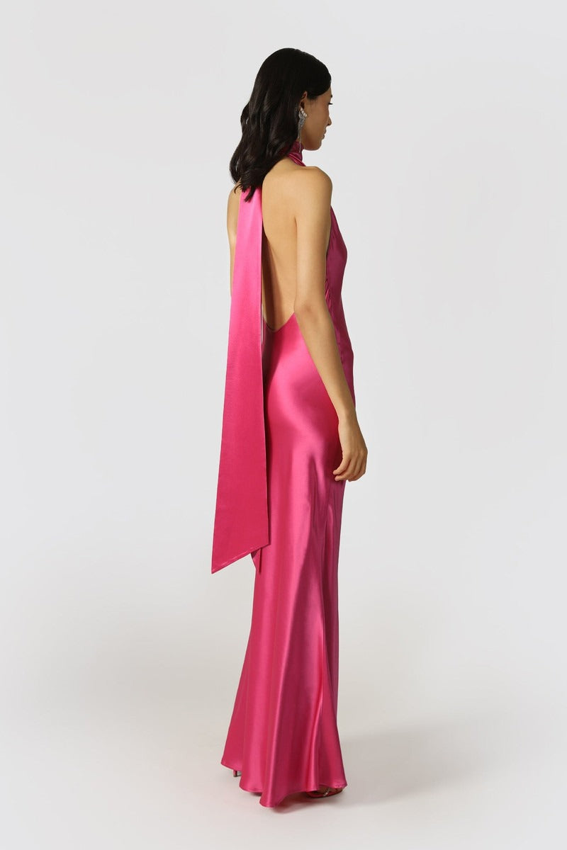 Penelope Backless Satin Gown - Fuschia