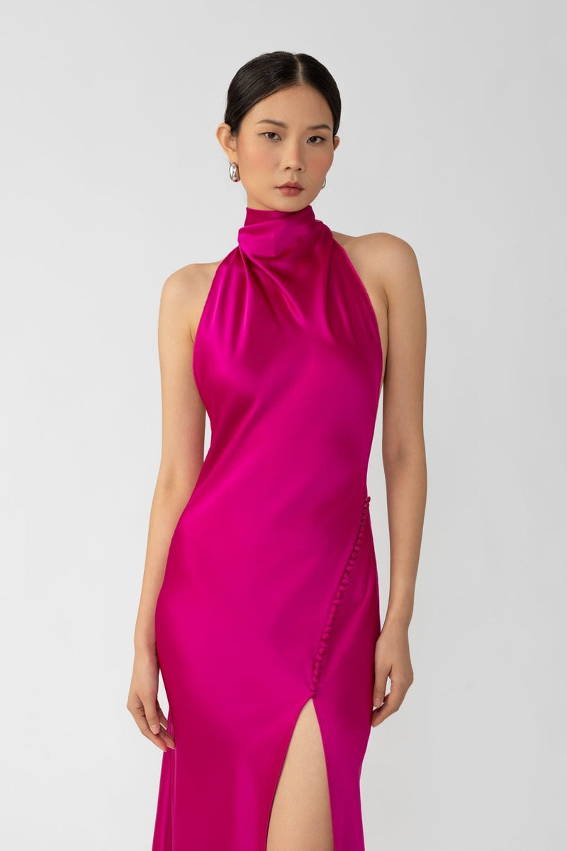Penelope Backless Satin Gown - Magenta Pink
