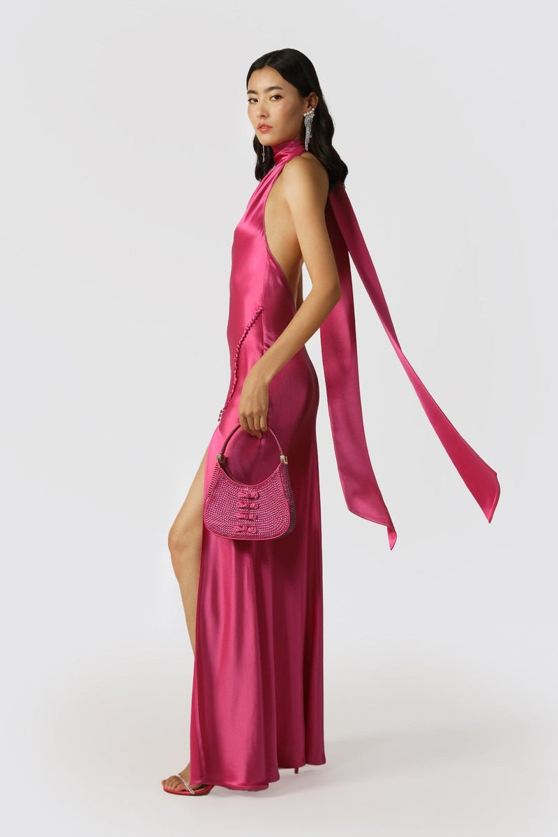 Penelope Backless Satin Gown - Magenta Pink