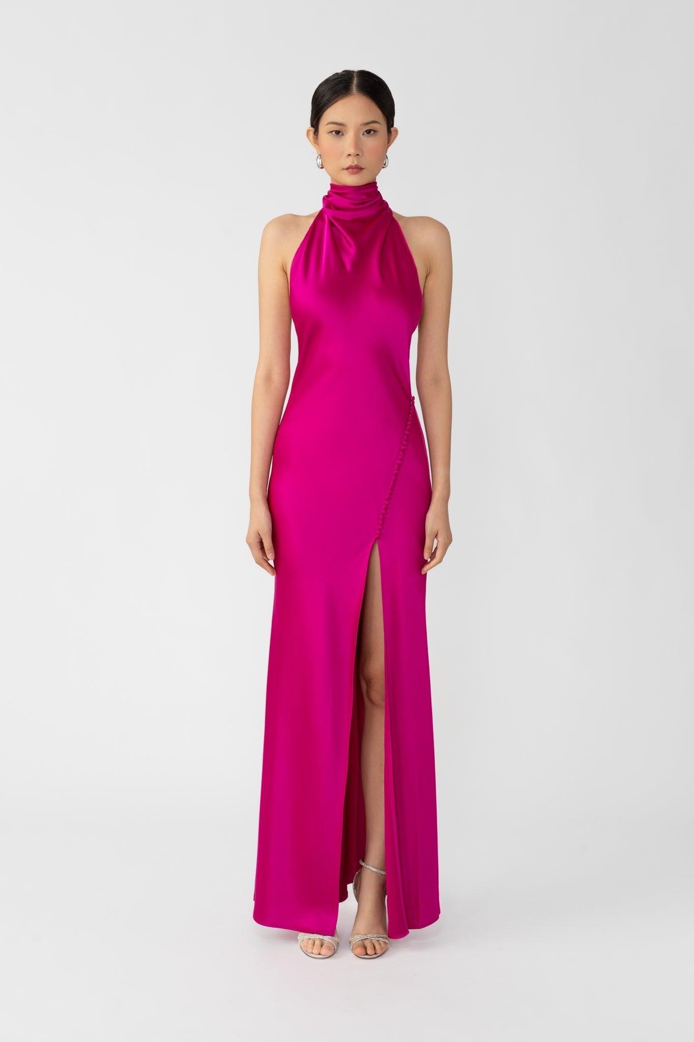 Penelope Backless Satin Gown - Magenta Pink