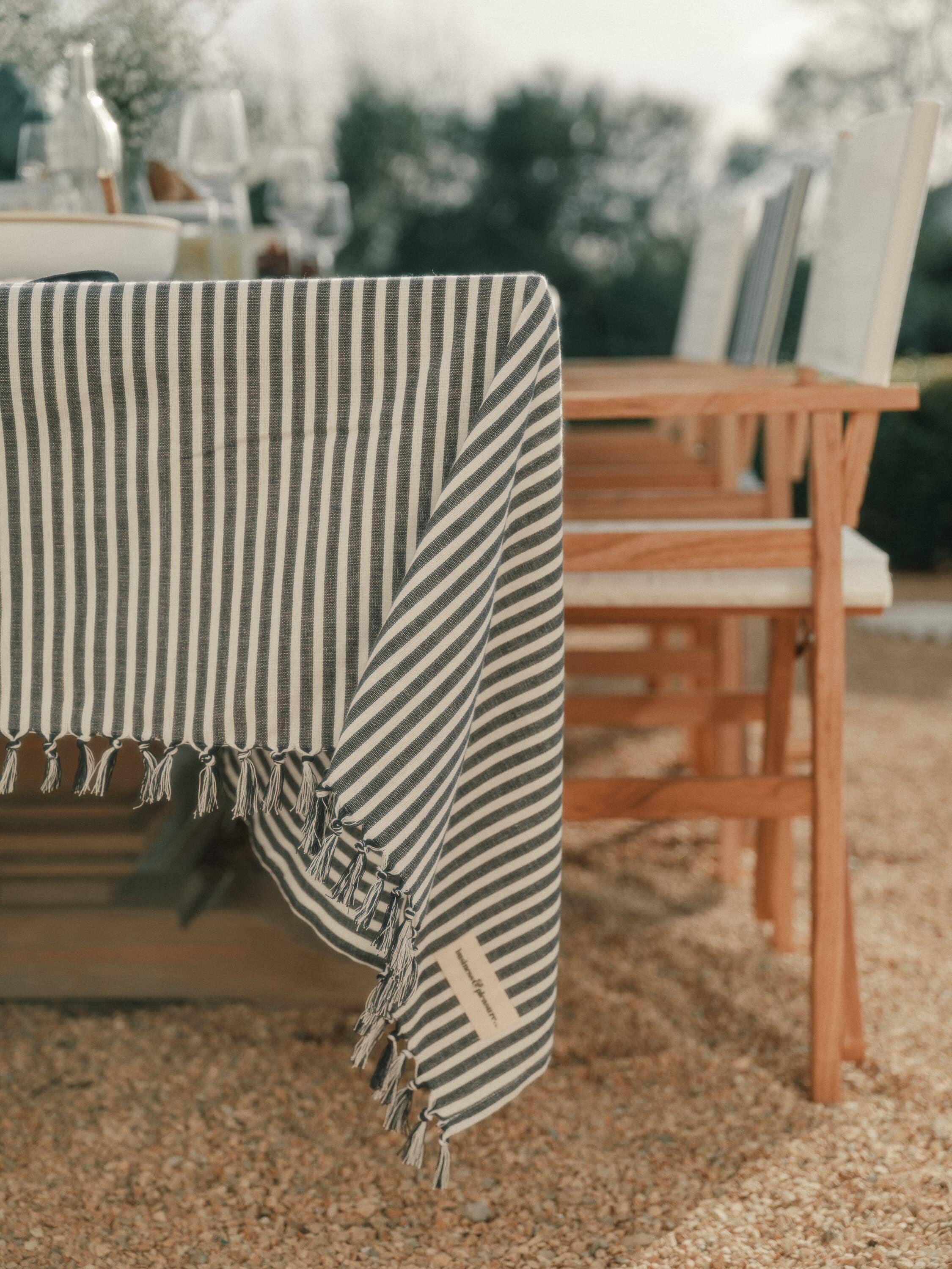 navy tablecloth draped over a table